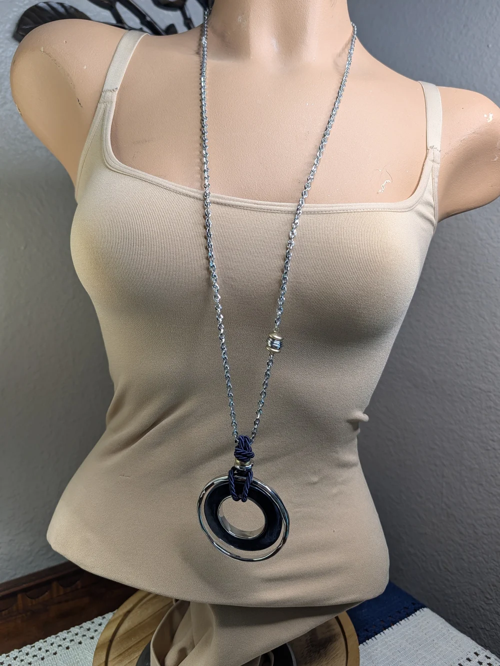 Chico's Silver-Tone Long Necklace with Blue Circular Resin Marbled Pendant